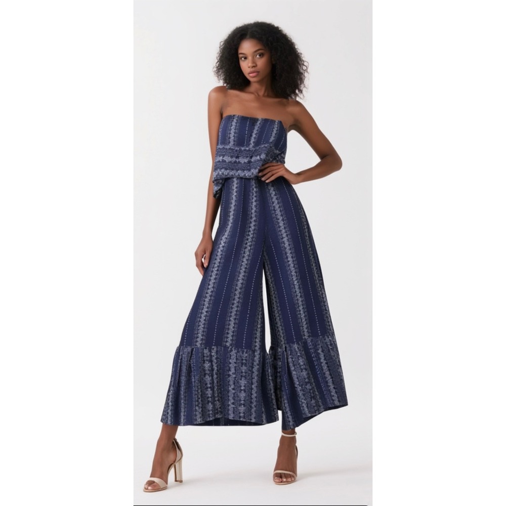 Japna BOHO Strapless Ruffled Wide Leg Jumpsuit Muted Blue Size XS